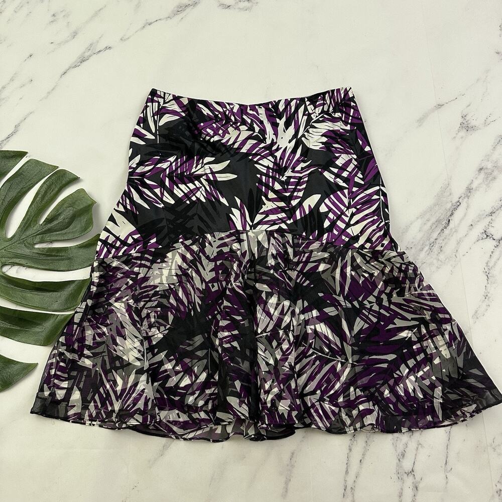 Alfani Womens Vintage Y2k Silk Skirt Size 6 P Purple Black Palms Floral Flutter